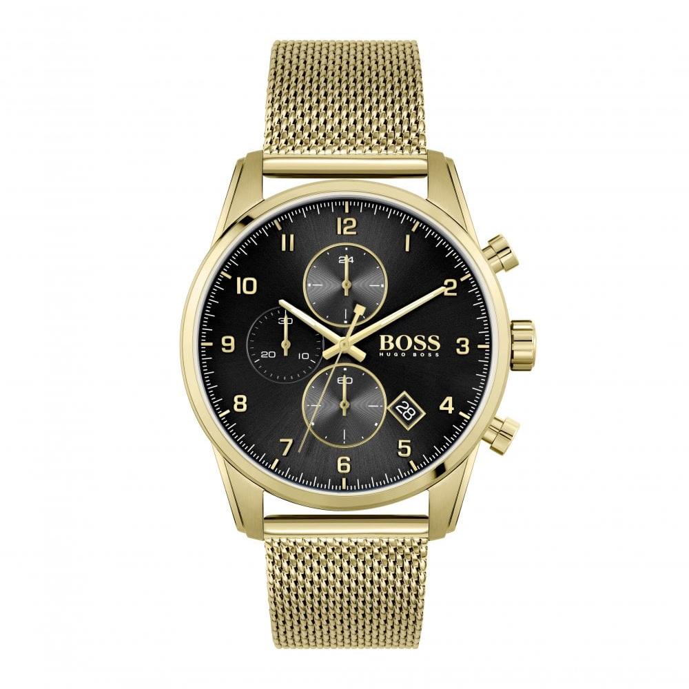 Hugo Boss Skymaster Chronograph Black Dial Gold Mesh Bracelet Watch for Men - 1513838