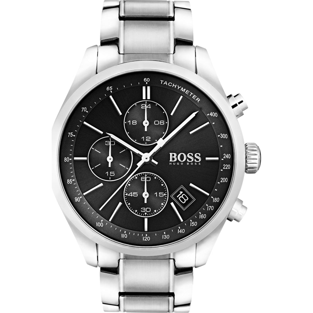 Hugo Boss Grand Prix Black Dial Silver Steel Strap Watch for Men - 1513477