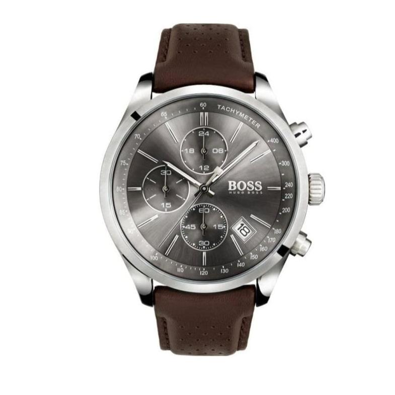 Hugo Boss Grand Prix Chronograph Grey Dial Brown Leather Strap Watch for Men - 1513476