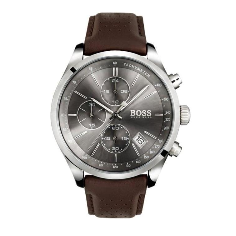 Hugo Boss Grand Prix Chronograph Grey Dial Brown Leather Strap Watch for Men - 1513476