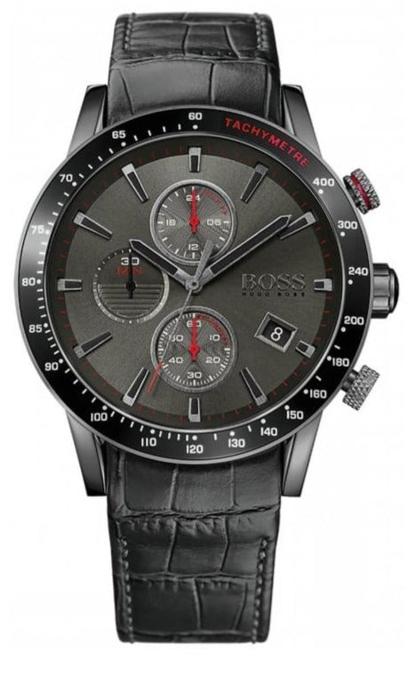 Hugo Boss Rafale Chronograph Grey Dial Black Leather Strap Watch For Men - HB1513445