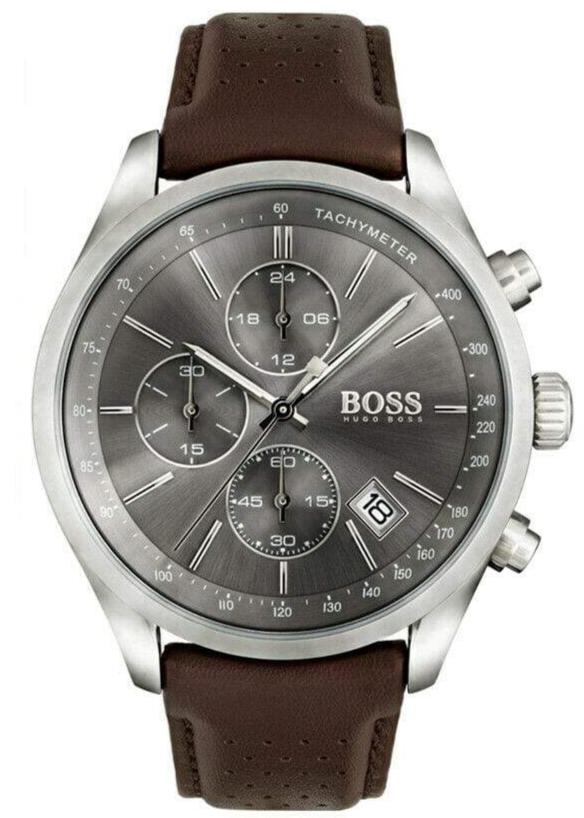 Hugo Boss Grand Prix Chronograph Grey Dial Brown Leather Strap Watch for Men - 1513476