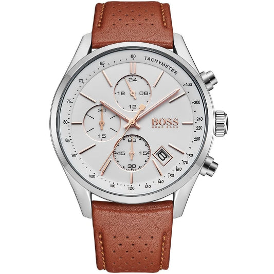 Hugo Boss Grand Prix White Dial Brown Leather Strap Watch for Men - 1513475