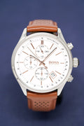 Hugo Boss Grand Prix White Dial Brown Leather Strap Watch for Men - 1513475