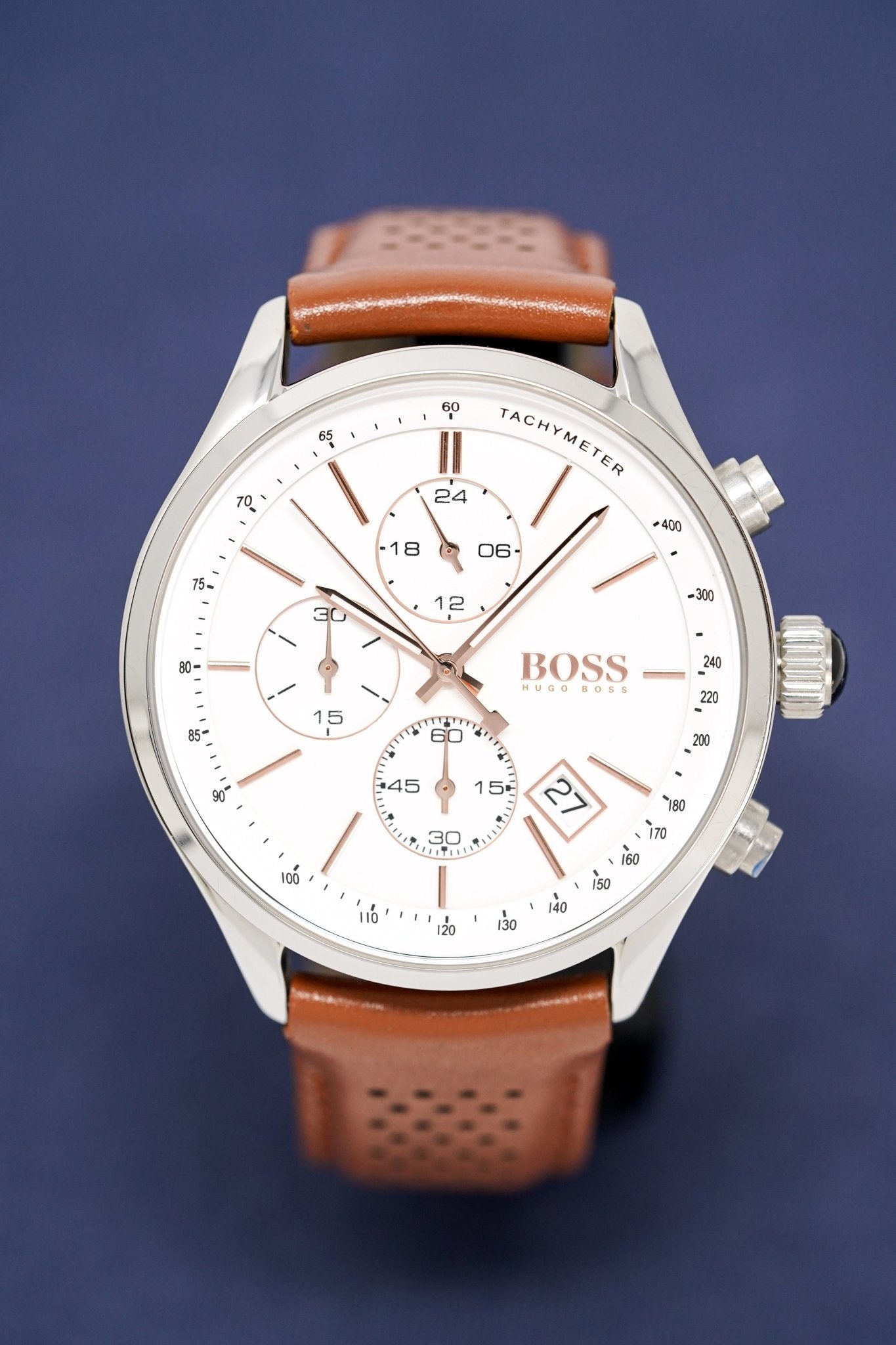 Hugo Boss Grand Prix White Dial Brown Leather Strap Watch for Men - 1513475