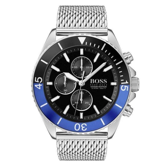 Hugo Boss Ocean Edition Black Dial Silver Mesh Strap Watch for Men - 1513742