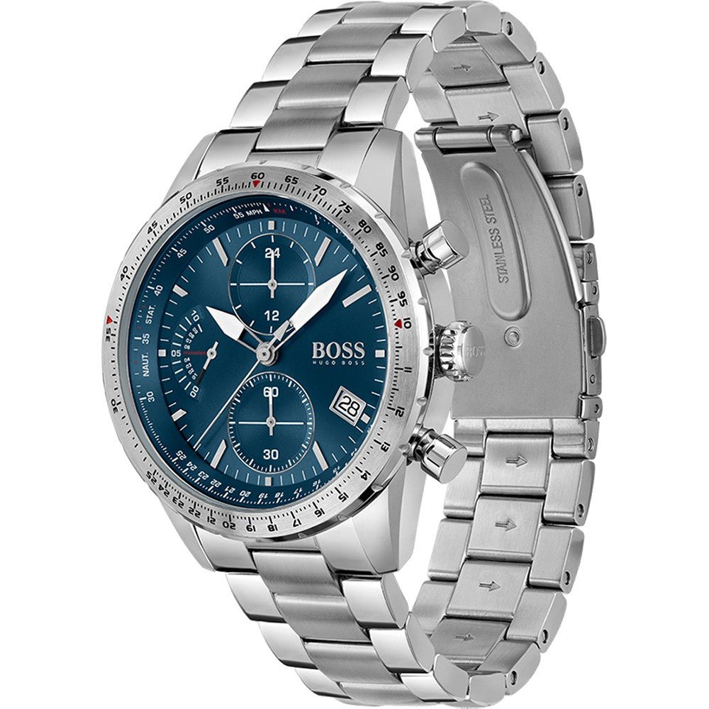 Hugo Boss Pilot Chronograph Blue Dial Silver Steel Strap Watch for Men - 1513850