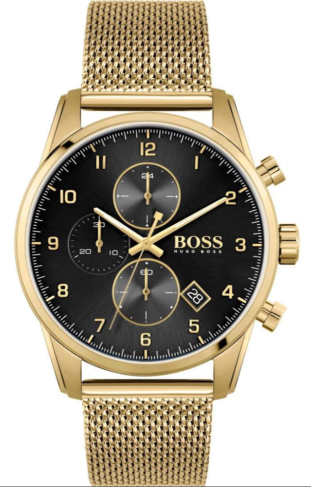 Hugo Boss Skymaster Chronograph Black Dial Gold Mesh Bracelet Watch for Men - 1513838