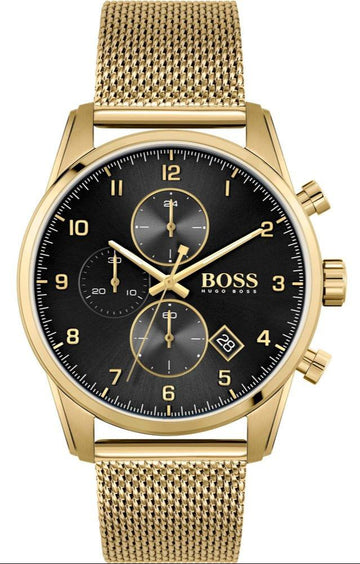 Hugo Boss Skymaster Chronograph Black Dial Gold Mesh Bracelet Watch for Men - 1513838