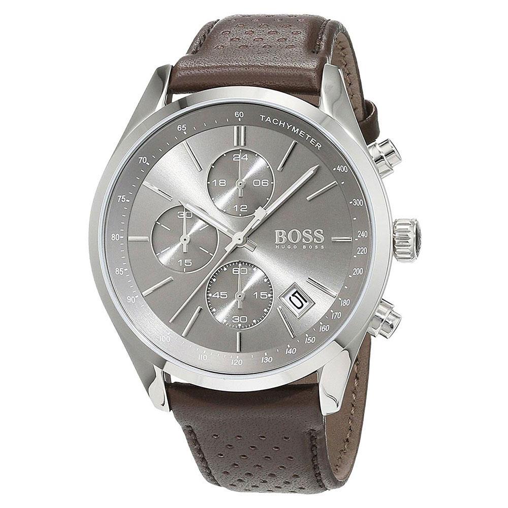 Hugo Boss Grand Prix Chronograph Grey Dial Brown Leather Strap Watch for Men - 1513476