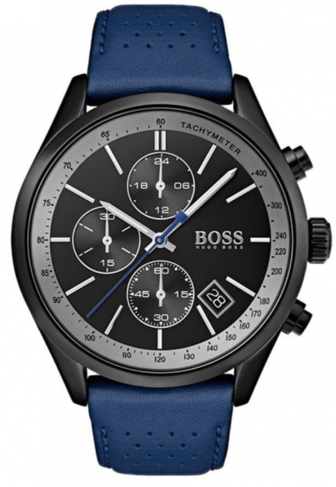 Hugo Boss Grand Prix Chronograph Black Dial Blue Leather Strap Watch for Men - 1513563