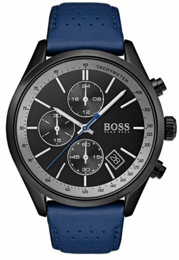 Hugo Boss Grand Prix Chronograph Black Dial Blue Leather Strap Watch for Men - 1513563