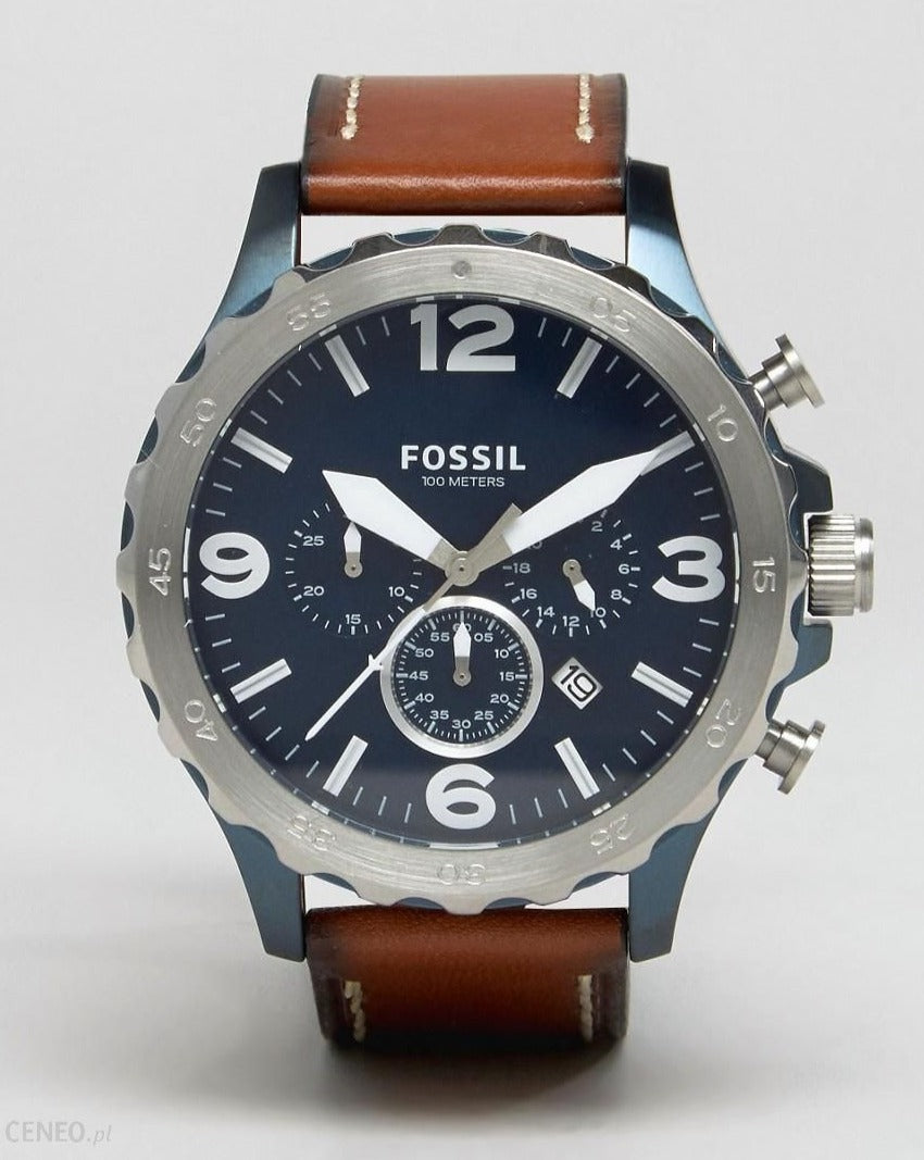 Fossil Nate Chronograph Blue Dial Brown Leather Strap Watch for Men - JR1504