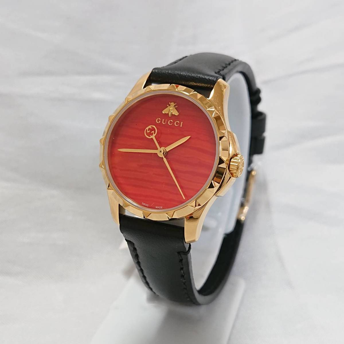 Gucci G Timeless Quartz Red Dial Black Leather Strap Watch For Men - YA126464