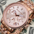 Michael Kors Ritz Chronograph Rose Gold Dial Rose Gold Steel Strap Watch for Women - MK6077