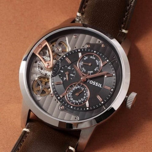 Fossil Townsman Automatic Black Dial Brown Leather Strap Watch for Men -  ME1163