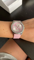 Guess G-Twist Diamonds Silver Dial Pink Rubber Strap Watch for Women - W1240L1