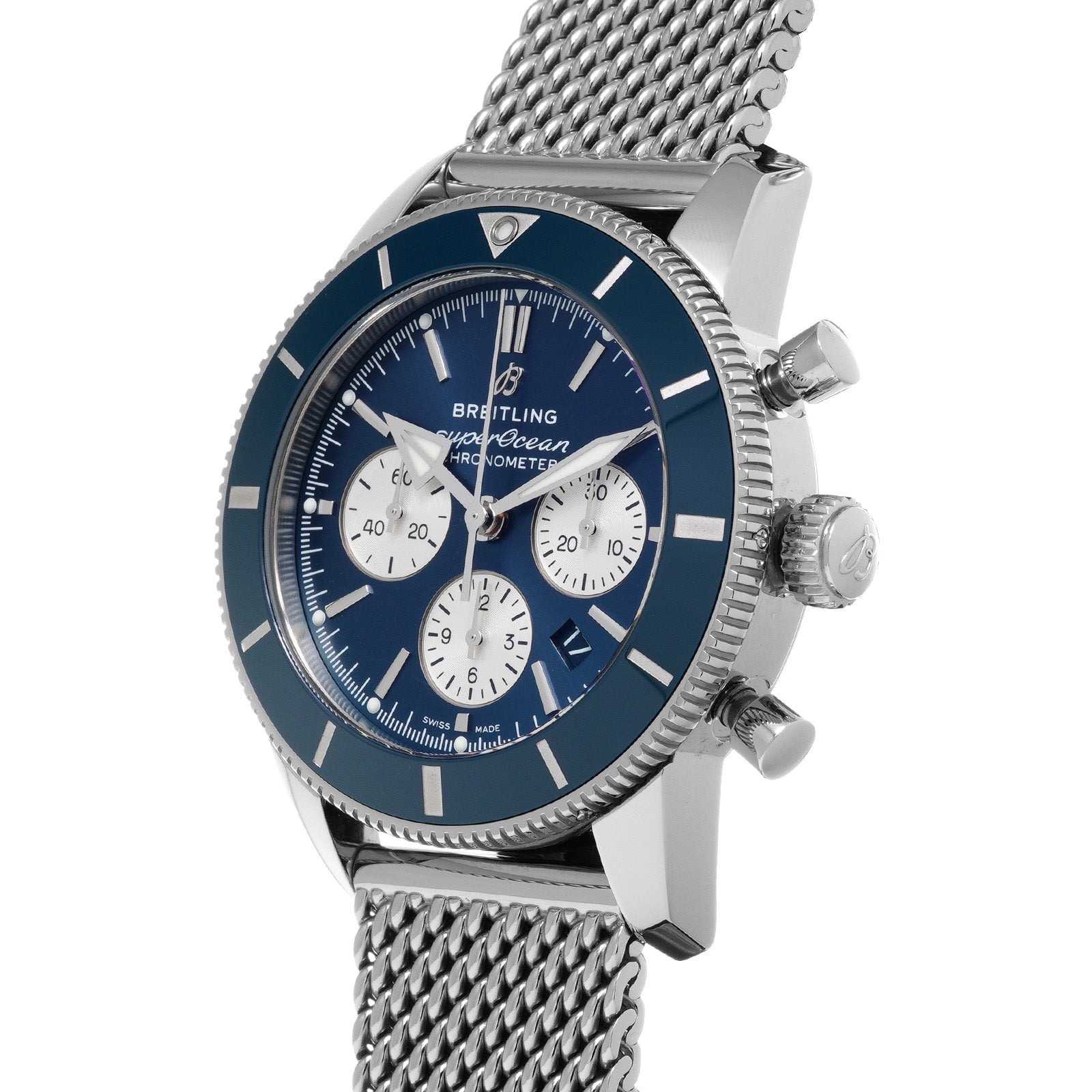 Breitling Superocean Heritage B01 Chronograph 44 Blue Dial Silver Mesh Bracelet Watch for Men - AB0162161C1A1