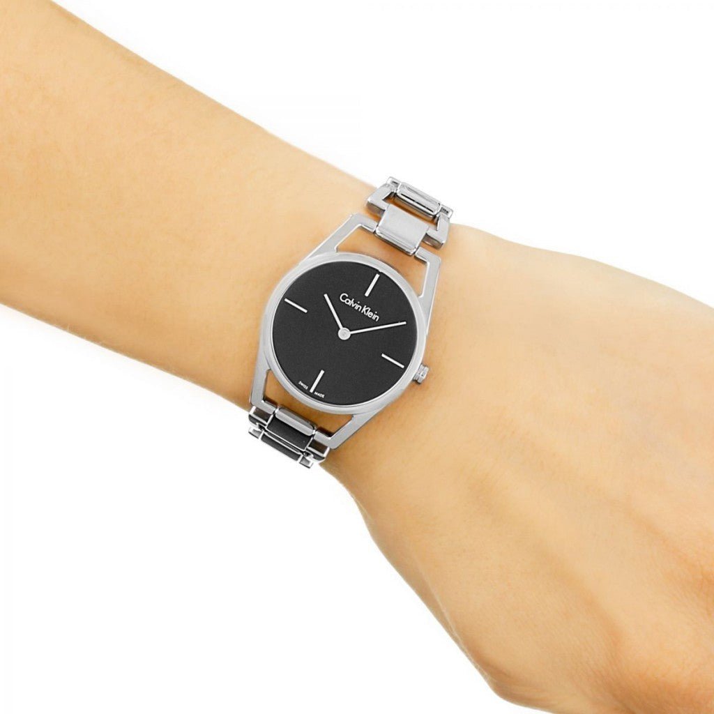 Calvin Klein Dainty Black Dial Silver Steel Strap Watch for Women - K7L23141