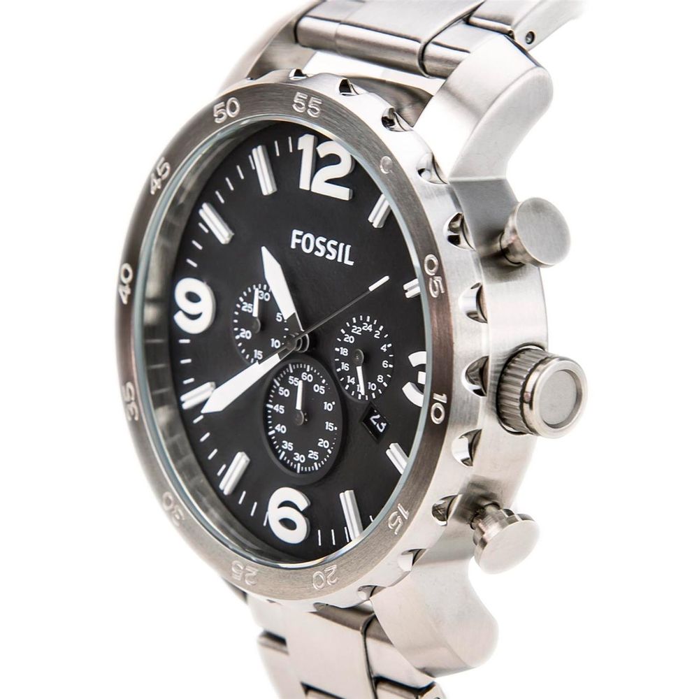 Fossil Nate Chronograph Black Dial Silver Steel Strap Watch for Men - JR1353