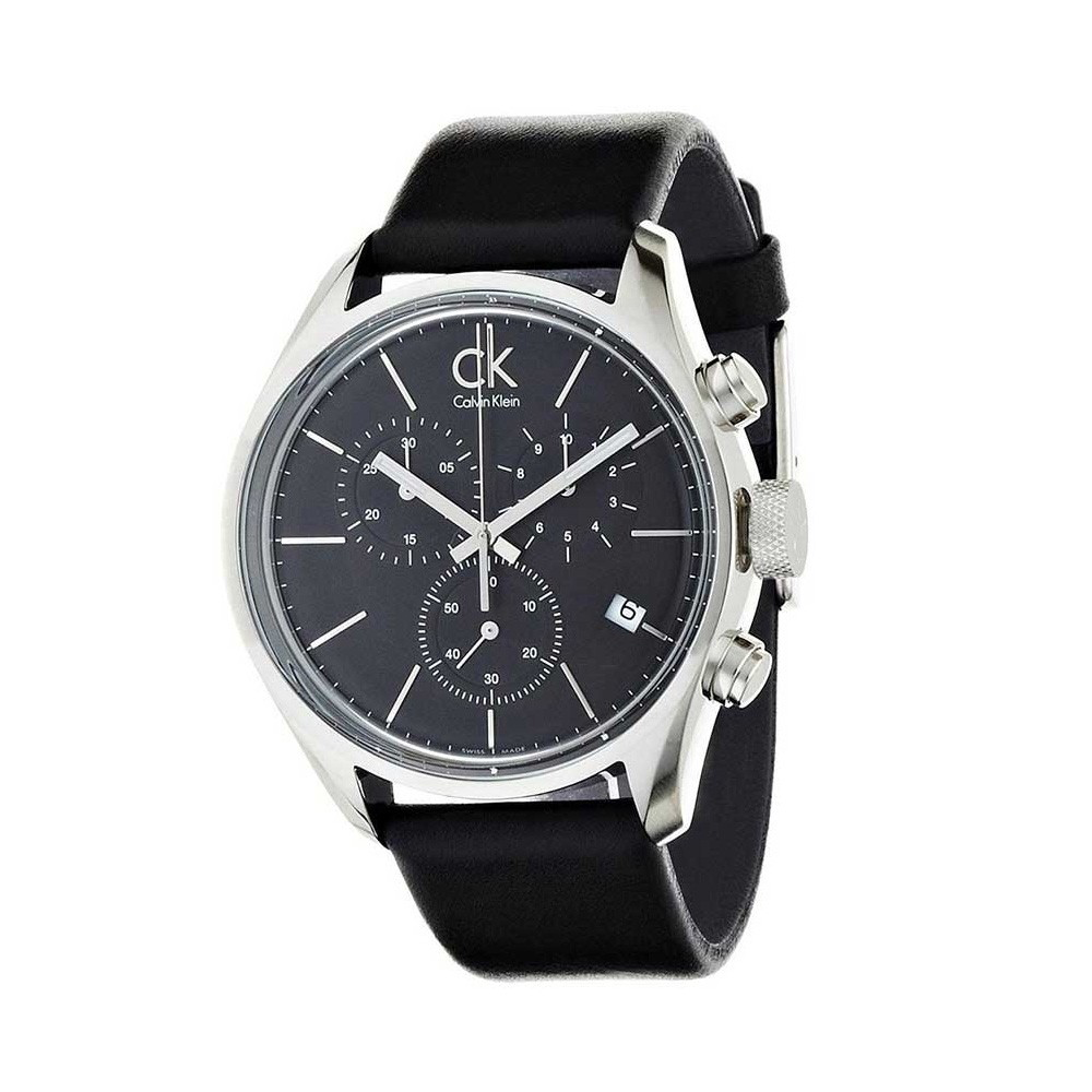 Calvin Klein Masculine Chronograph Black Dial Black Leather Strap Watch for Men - K2H27102