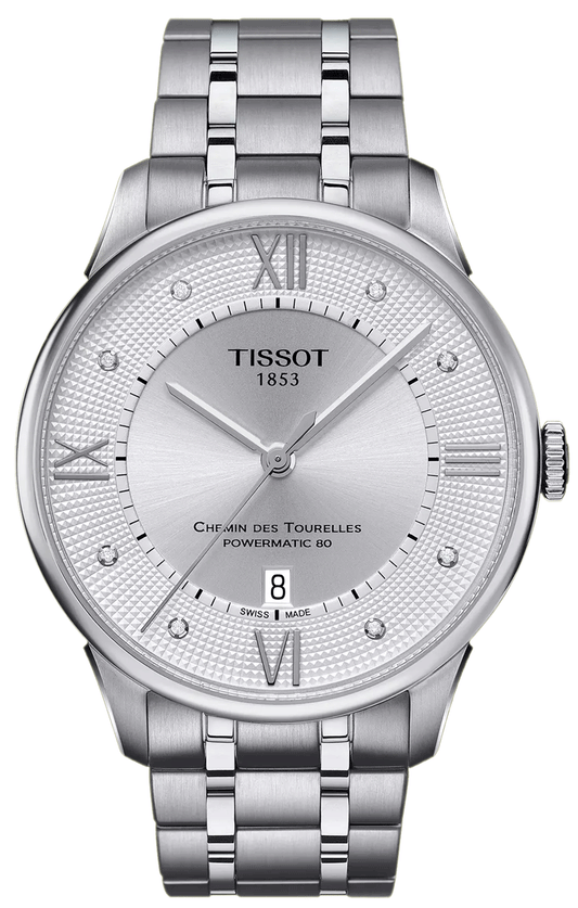 Tissot Chemin Des Tourelles Powermatic 80 Diamonds Silver Dial Silver Steel Strap Watch for Men - T099.407.11.033.00
