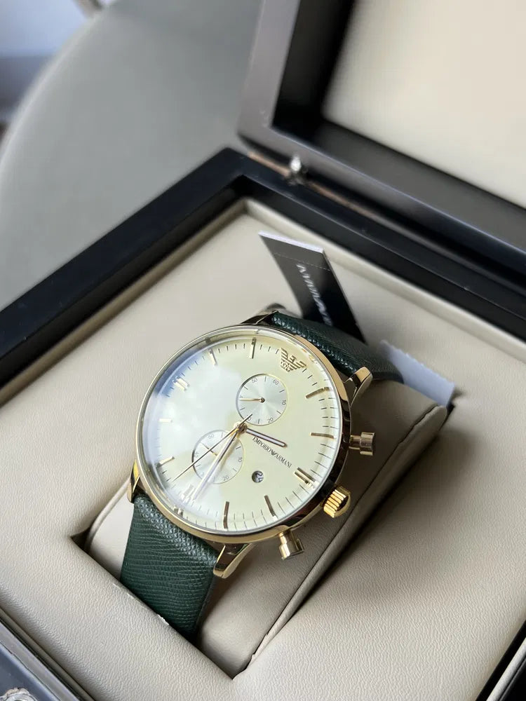 Emporio Armani Gianni Chronograph Champagne Dial Green Leather Strap Watch For Men - AR1722