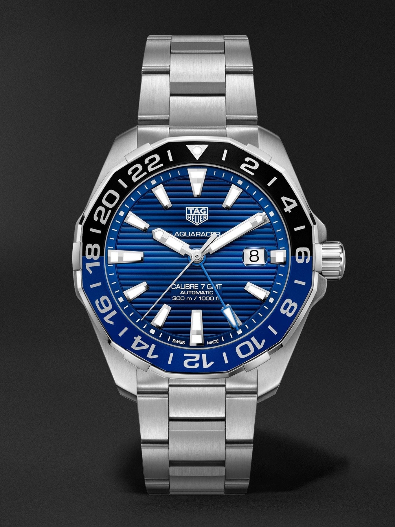 Tag Heuer Aquaracer GMT Blue Dial Calibre 6 Automatic Blue Dial Silver Steel Strap Watch for Men - WAY201T.BA0927