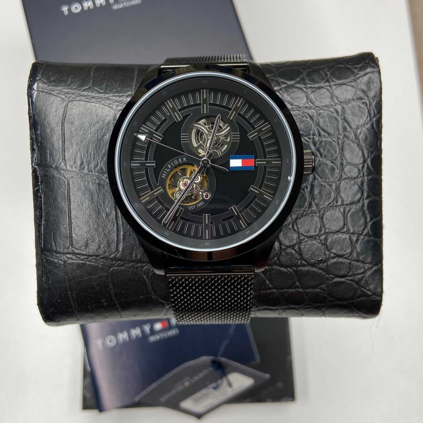 Tommy Hilfiger Spencer Skeleton Black Dial Black Mesh Bracelet Watch for Men - 1791644