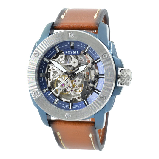 Fossil Modern Machine Automatic Skeleton Silver Dial Brown Leather Strap Watch for Men - ME3135