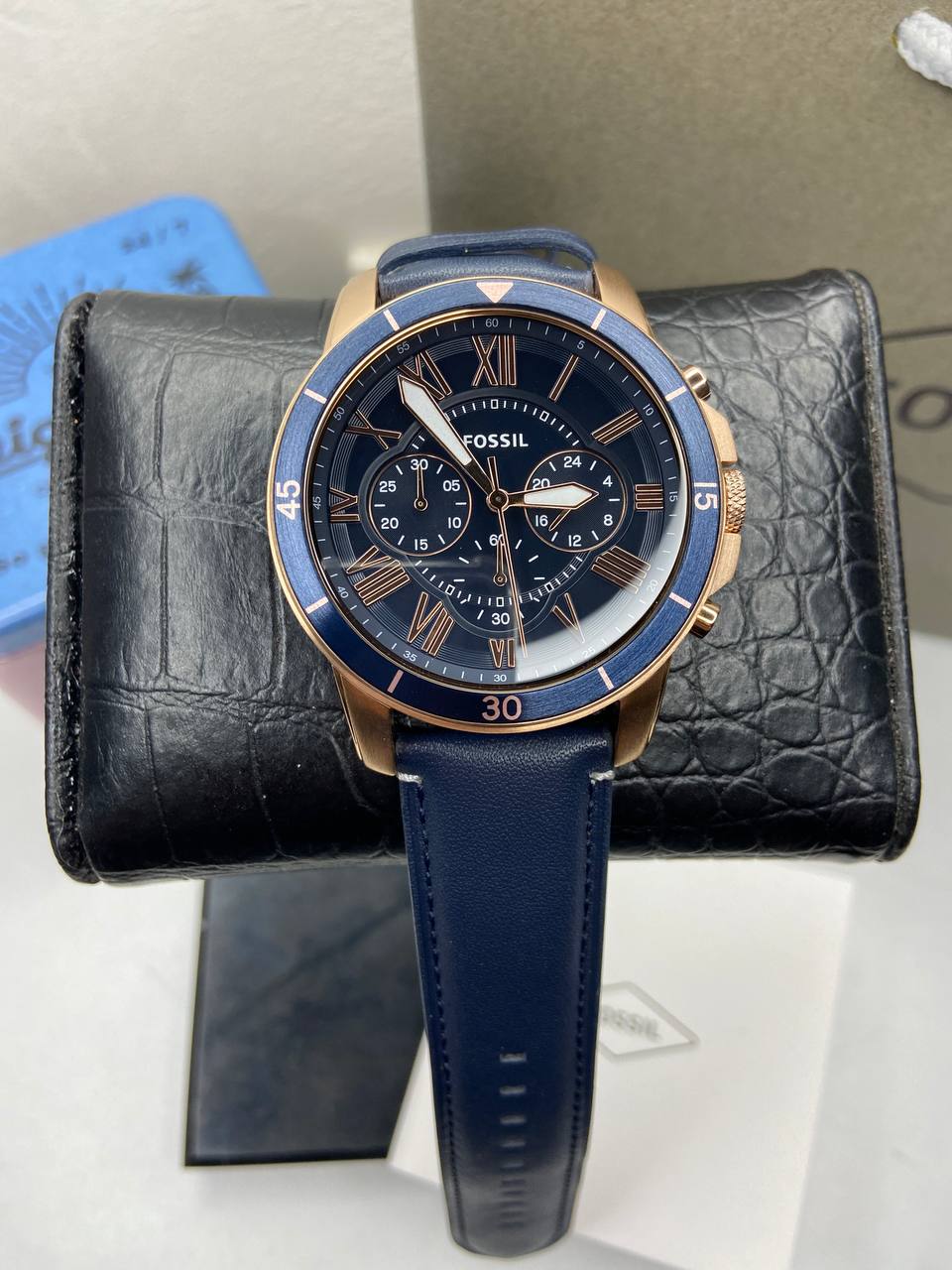 Fossil Grant Sport Chronograph Blue Dial Blue Leather Strap Watch for Men - FS5237