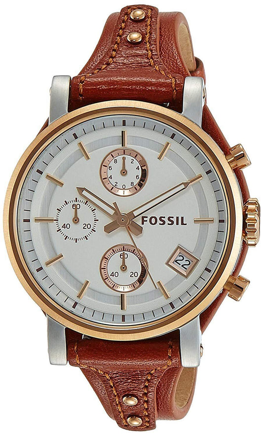 Fossil Boyfriend Chronograph White Dial Brown Leather Strap Watch for Women - ES3837