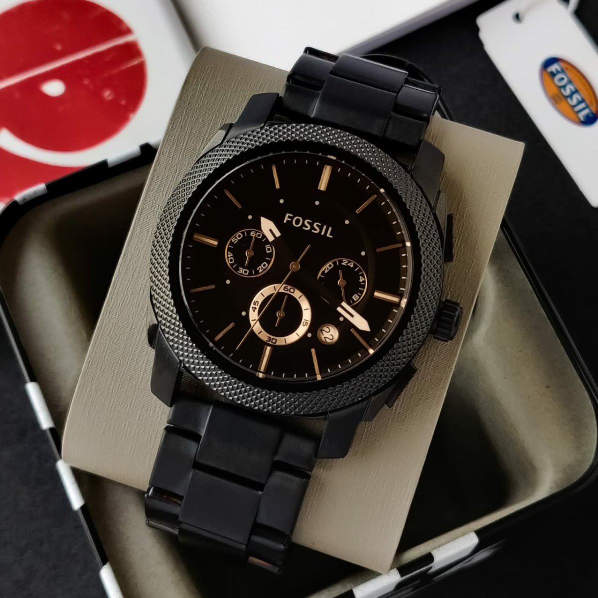 Fossil Machine Chronograph Black Dial Black Steel Strap Watch for Men - FS4682