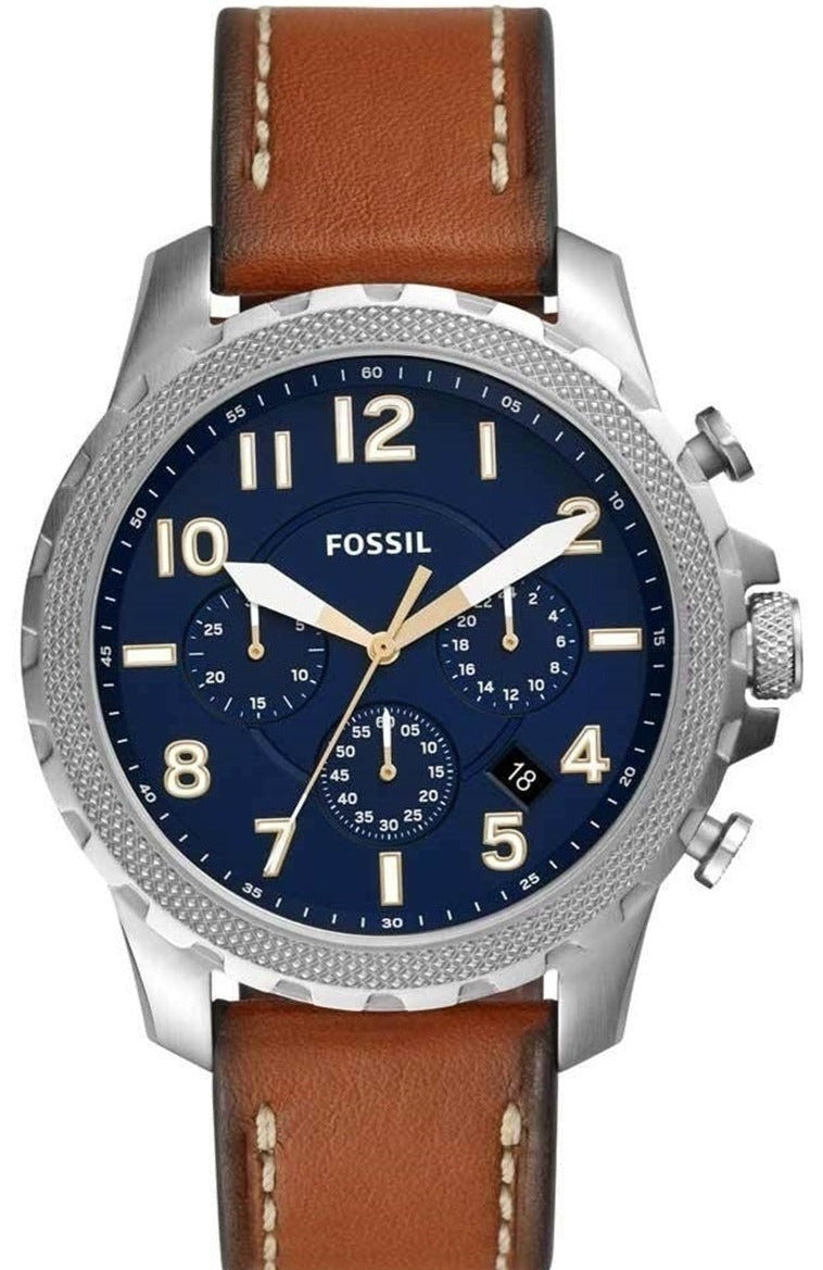 Fossil Nate Chronograph Blue Dial Brown Leather Strap Watch for Men - JR1504