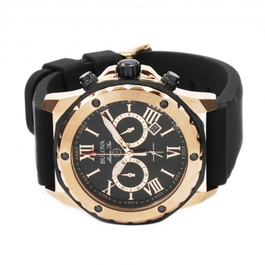 Bulova Marine Star Chronograph Black Dial Black Leather Strap Watch for Men - 98B104