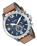 Fossil Nate Chronograph Blue Dial Brown Leather Strap Watch for Men - JR1504