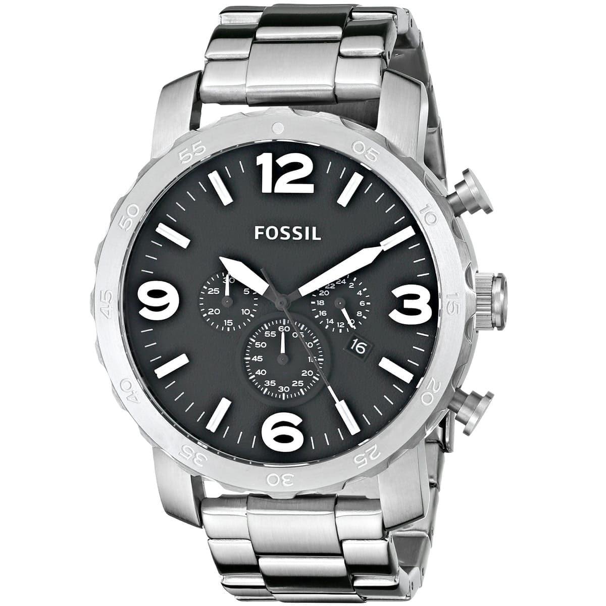 Fossil Nate Chronograph Black Dial Silver Steel Strap Watch for Men - JR1353