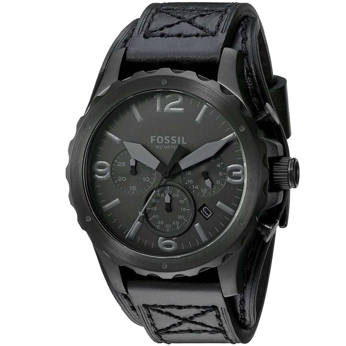 Fossil Nate Chronograph Black Dial Black Leather Strap Watch for Men - JR1510