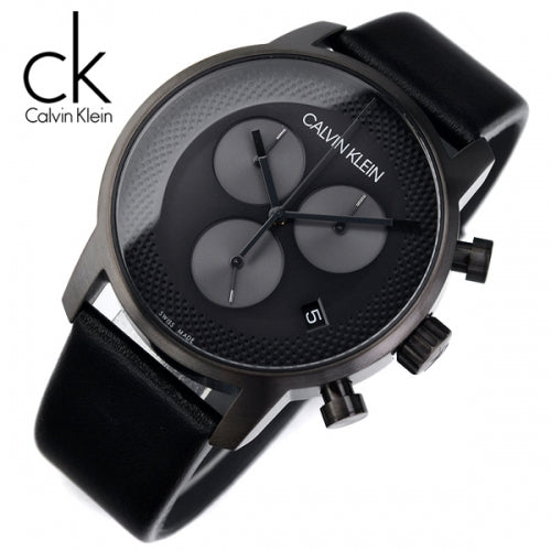 Calvin Klein City Chronograph Grey Dial Black Leather Strap Watch for Men - K2G177C3