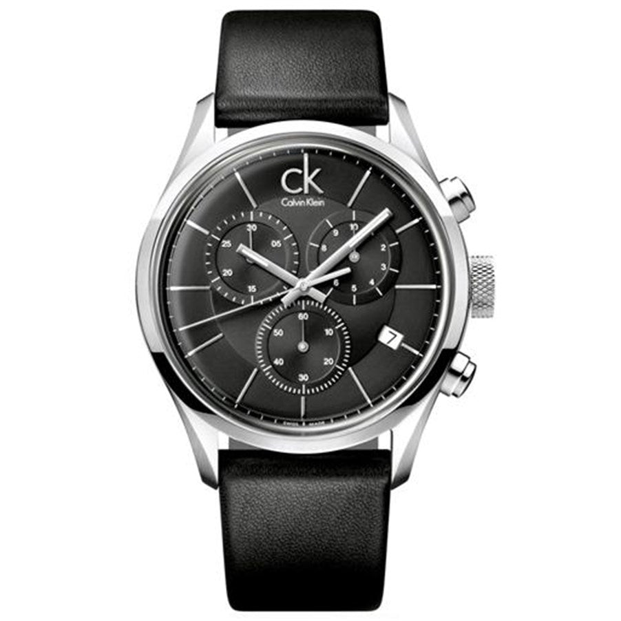 Calvin Klein Masculine Chronograph Black Dial Black Leather Strap Watch for Men - K2H27102