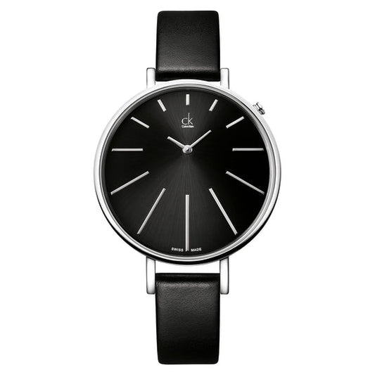 Calvin Klein Equal Black Dial Black Leather Strap Watch for Women - K3E231C1