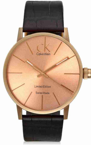 Calvin Klein Post Minimal Rose Gold Dial Black Leather Strap Watch for Men - K7621201