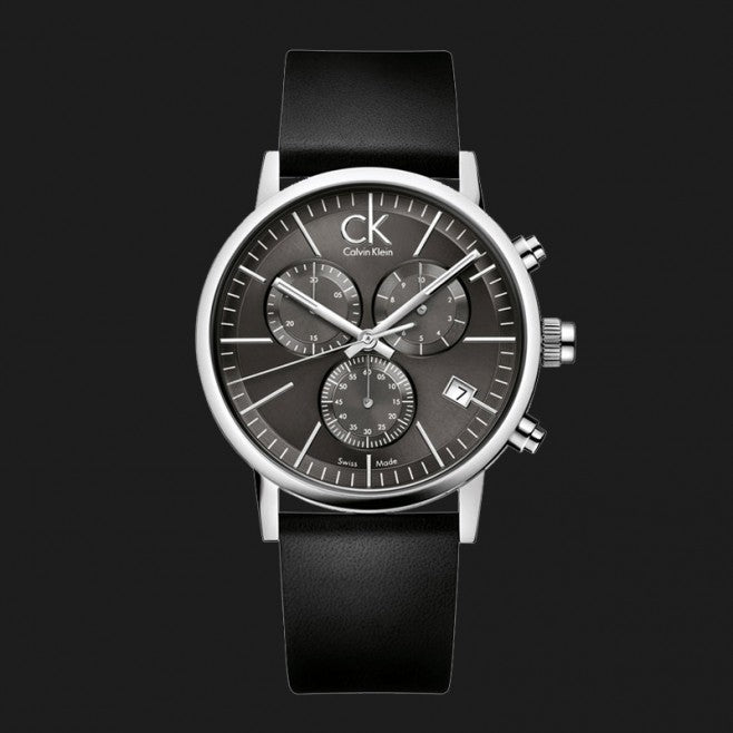 Calvin Klein Post Minimal Chronograph Black Dial Black Leather Strap Watch for Men - K7627107