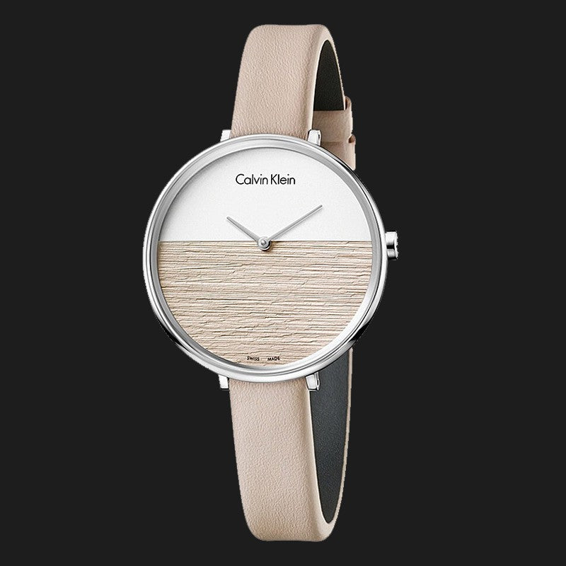 Calvin Klein Rise White Beige Dial Beige Leather Strap Watch for Women - K7A231XH