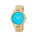 Michael Kors Slim Runway Blue Mother of Pearl Dial Gold Steel Strap Watch for Women - MK3492