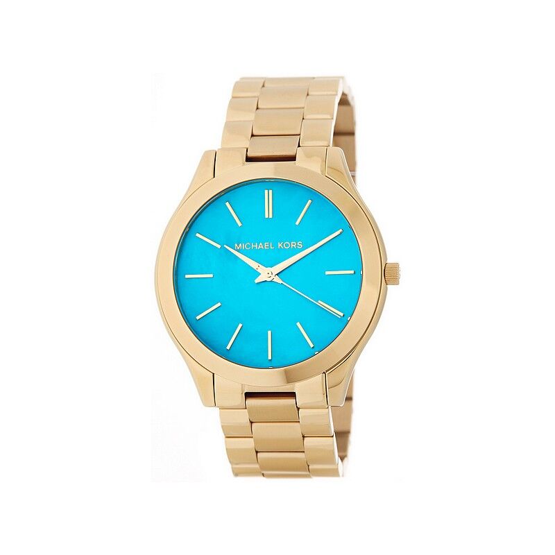 Michael Kors Slim Runway Blue Mother of Pearl Dial Gold Steel Strap Watch for Women - MK3492