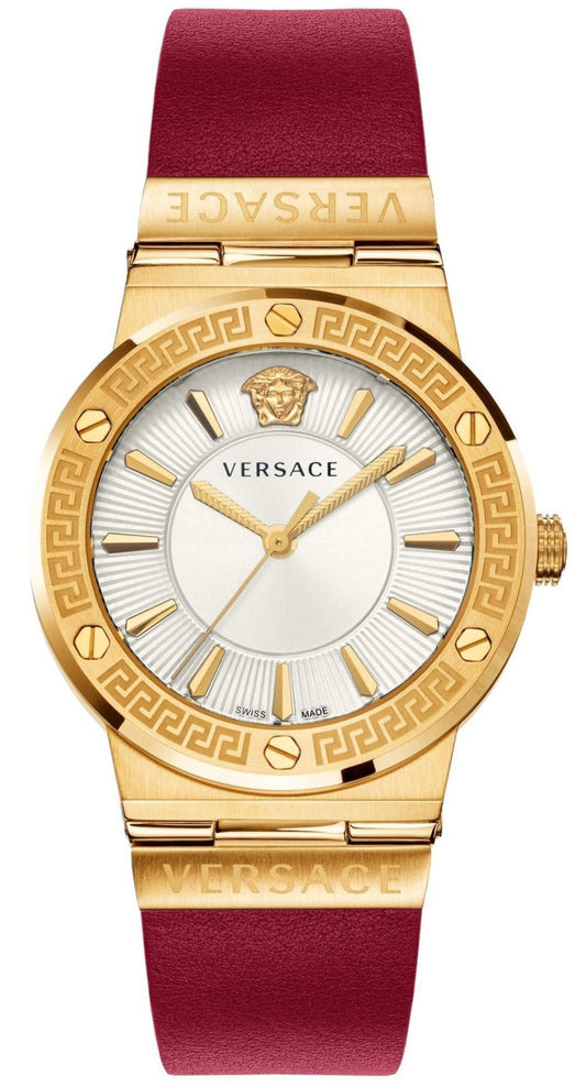 Versace Greca Silver Dial Red Leather Strap Watch for Women - VEVH00420