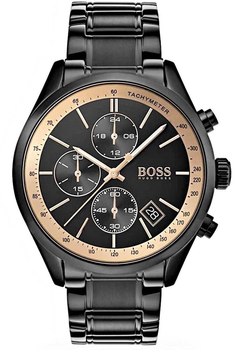 Hugo Boss Grand Prix Chronograph Black Dial Black Steel Strap Watch for Men - 1513578