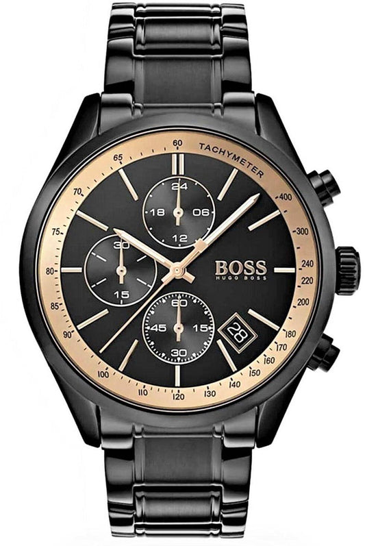 Hugo Boss Grand Prix Black Dial Black Steel Strap Watch for Men - 1513578