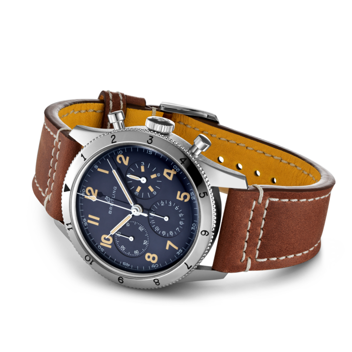 Breitling Avi 1953 Edition Platinum Chronograph Blue Dial Brown Leather Strap Watch for Men - LB0920131C1X1